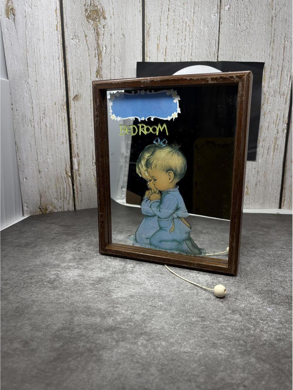 1970s Praying Child Bedroom Pull String Music Box Mirror Wood Shadow Box Frame